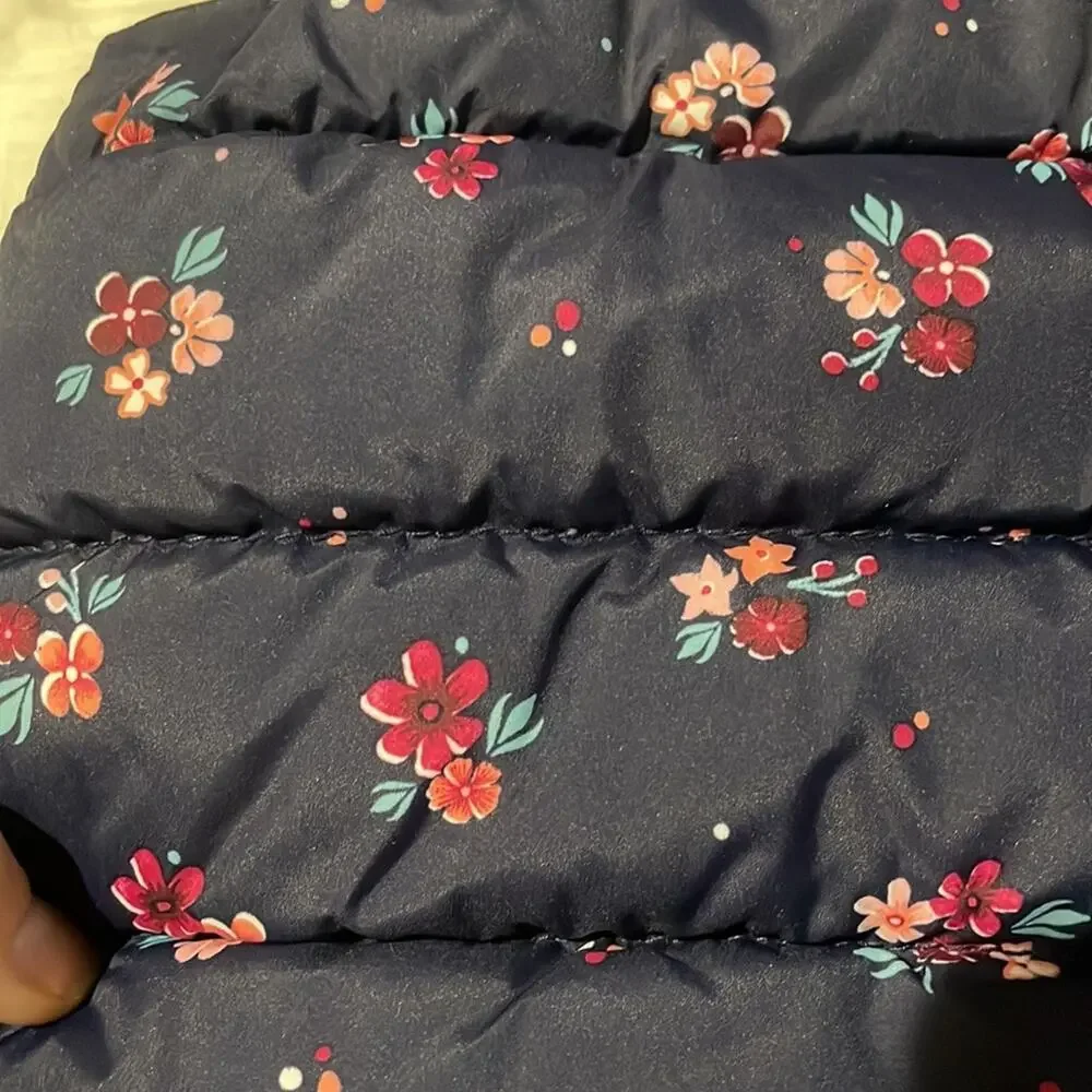 Gymboree S 5/6 navy blue pink floral puffer vest pockets fleece lined euc